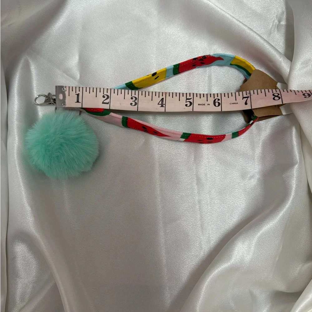 Handmade Colorful Watermelon Print Wristlet Keychain with Mint Green Pompom